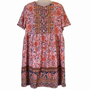 Boho Dress Womens L Pink Floral Peasant Muumuu Hippie Festival Casual Summer 🌸
